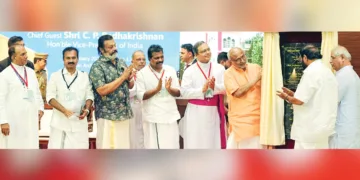 ചങ്ങനാശേരി എസ്ബി കോളജ് ശതാബ്ദി ആഘോഷ സമാപന ചടങ്ങ് ഉപരാഷ്ട്രപതി സി.പി. രാധാകൃഷ്ണന്‍ ഉദ്ഘാടനം ചെയ്യുന്നു