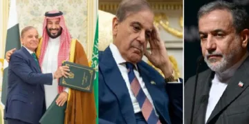 സൗദിയും പാകിസ്ഥാനും ചേര്‍ന്ന് ഇസ്ലാമിക നേറ്റോ രൂപീകരിച്ചെന്ന് വീമ്പിളക്കി കരാര്‍ ഫയലുകള്‍ കൈമാറിയ ഷെഹ്ബാസ് ഷെരീഫും സൗദി കിരീടാവകാശി മുഹമ്മദ് സല്‍മാനും (ഇടത്ത്) നിരാശയോടെ പാകിസ്ഥാന്‍ പ്രധാനമന്ത്രി ഷെഹ്ബാസ് ഷെരീഫ് (നടുവില്‍) ഇറാന്‍റെ വിദേശകാര്യമന്ത്രി അബ്ബാസ് അരാഗ്ചി (വലത്ത്)