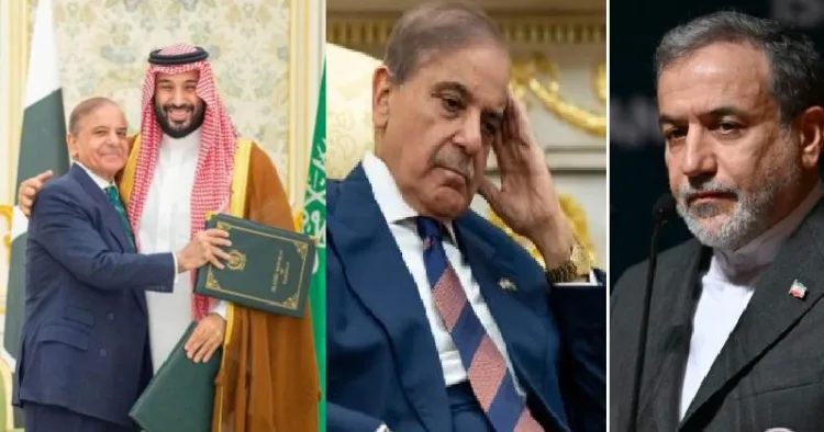 സൗദിയും പാകിസ്ഥാനും ചേര്‍ന്ന് ഇസ്ലാമിക നേറ്റോ രൂപീകരിച്ചെന്ന് വീമ്പിളക്കി കരാര്‍ ഫയലുകള്‍ കൈമാറിയ ഷെഹ്ബാസ് ഷെരീഫും സൗദി കിരീടാവകാശി മുഹമ്മദ് സല്‍മാനും (ഇടത്ത്) നിരാശയോടെ പാകിസ്ഥാന്‍ പ്രധാനമന്ത്രി ഷെഹ്ബാസ് ഷെരീഫ് (നടുവില്‍) ഇറാന്‍റെ വിദേശകാര്യമന്ത്രി അബ്ബാസ് അരാഗ്ചി (വലത്ത്)
