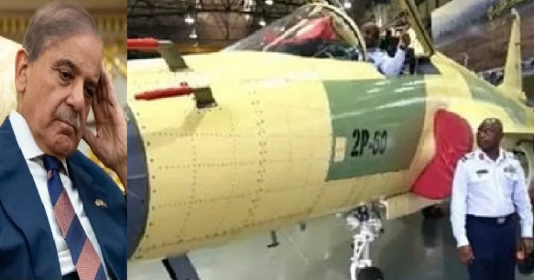 തലയില്‍ കൈവെച്ചിരിക്കുന്ന പാക് പ്രധാനമന്ത്രി ഷെഹ്ബാസ് ഷെരീഫ് (ഇടത്ത്) നൈജീരിയയുടെ വ്യോമസേനയില്‍ പ്രവര്‍ത്തിക്കാതെ പണിമുടക്കിയിരിക്കുന്ന ചൈനയുടെ ജെഎഫ് 17 യുദ്ധവിമാനം (വലത്ത്)