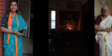 ബിജെപി സ്ഥാനാര്‍ത്ഥി ആര്‍. ശ്രീലേഖ (ഇടത്ത്) വട്ടിയൂര്‍ക്കാവ് മണ്ഡലത്തിലെ ഒരു വീട്ടില്‍ മൂന്ന് തവണ പവര്‍കട്ട് ഉണ്ടായതിനെ തുടര്‍ന്ന് പുറത്ത് വന്നിരിക്കുന്ന പ്രായമേറിയ വീട്ടമ്മ (വലത്ത്)