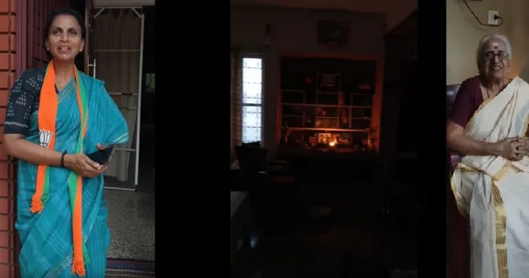 ബിജെപി സ്ഥാനാര്‍ത്ഥി ആര്‍. ശ്രീലേഖ (ഇടത്ത്) വട്ടിയൂര്‍ക്കാവ് മണ്ഡലത്തിലെ ഒരു വീട്ടില്‍ മൂന്ന് തവണ പവര്‍കട്ട് ഉണ്ടായതിനെ തുടര്‍ന്ന് പുറത്ത് വന്നിരിക്കുന്ന പ്രായമേറിയ വീട്ടമ്മ (വലത്ത്)