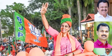 വട്ടിയൂര്‍ക്കാവിലെ ബിജെപി സ്ഥാനാര്‍ത്ഥി ആര്‍. ശ്രീലേഖ തെരഞ്ഞെടുപ്പ് പ്രചരണത്തിനിടയില്‍