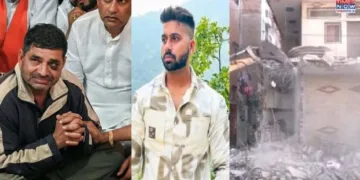 തരുണ്‍ കുമാറിന്‍റെ അച്ഛന്‍ കൈകള്‍കൂപ്പി സഹായമഭ്യര്‍ത്ഥിച്ച് കരയുന്നു (ഇടത്ത്) അക്രമികളുടെ അടിയേറ്റ് കൊല്ലപ്പെട്ട 26കാരനായ തരുണ്‍ കുമാര്‍ (നടുവില്‍) അക്രമികളില്‍ ഒരാളുടെ വീട് ബുള്‍ഡോസര്‍ ഉപയോഗിച്ച് ദല്‍ഹി കോര്‍പറേഷന്‍ പൊളിയ്ക്കുന്നു (വലത്ത്)