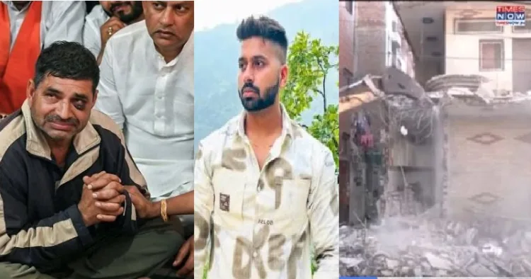 തരുണ്‍ കുമാറിന്‍റെ അച്ഛന്‍ കൈകള്‍കൂപ്പി സഹായമഭ്യര്‍ത്ഥിച്ച് കരയുന്നു (ഇടത്ത്) അക്രമികളുടെ അടിയേറ്റ് കൊല്ലപ്പെട്ട 26കാരനായ തരുണ്‍ കുമാര്‍ (നടുവില്‍) അക്രമികളില്‍ ഒരാളുടെ വീട് ബുള്‍ഡോസര്‍ ഉപയോഗിച്ച് ദല്‍ഹി കോര്‍പറേഷന്‍ പൊളിയ്ക്കുന്നു (വലത്ത്)
