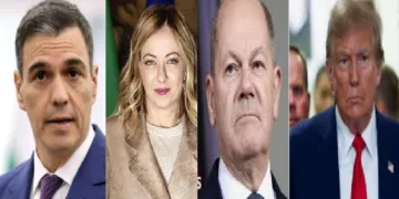 സ്പെയിനിന്‍റെ പ്രധാനമന്ത്രി സാഞ്ചെസ്, ഇറ്റലി പ്രധാനമന്ത്രി ജോര്‍ജിയോ മെലനി, ജര്‍മ്മന്‍ ചാനസലര്‍ മെഴ്സ്, (ഇടത്ത്) ട്രംപ് (വലത്ത്)