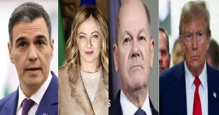 സ്പെയിനിന്‍റെ പ്രധാനമന്ത്രി സാഞ്ചെസ്, ഇറ്റലി പ്രധാനമന്ത്രി ജോര്‍ജിയോ മെലനി, ജര്‍മ്മന്‍ ചാനസലര്‍ മെഴ്സ്, (ഇടത്ത്) ട്രംപ് (വലത്ത്)