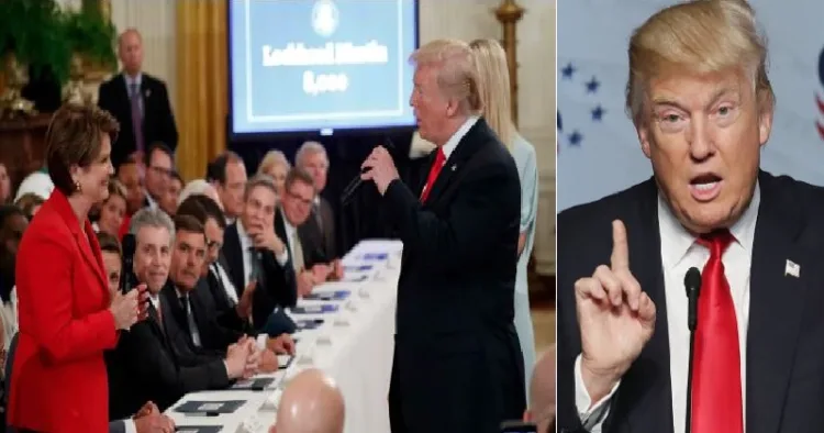 ആയുധക്കമ്പനികളുടെ സിഇഒമാരുമായുള്ള കൂടിക്കാഴ്ചയില്‍ പ്രധാന ആയുധനിര്‍മ്മാണക്കമ്പനിയായ ലോക്ക് ഹീഡ് മാര്‍ട്ടിന്‍ സിഇഒ ട്രംപുമായി സംസാരിക്കുന്നു (ഇടത്ത്)