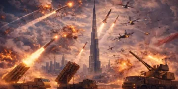 എഐ ചിത്രത്തില്‍ കാണിച്ചിരിക്കുന്നത് എങ്ങിനെയാണ് യുഎഇയുടെ വ്യോമപ്രതിരോധ സംവിധാനങ്ങള്‍ ഇറാന്‍ മിസൈലുകളെയും ഡ്രോണുകളെയും തകര്‍ത്തത് എന്നാണ്. താഴെ ഇറാനെതിരെ മിസൈലുകള്‍ അയയ്ക്കുന്ന താഡ്, പേട്രിയറ്റ്, പാന്‍റസിര്‍ എന്നീ വ്യോമപ്രതിരോധസംവിധാനങ്ങള്‍ കാണാം. കൂറ്റന്‍ കെട്ടിടമായി ചിത്രത്തില്‍ പ്രതീകാത്മകമായി കാണിച്ചിരിക്കുന്നത് യുഎഇയിലെ ഏറ്റവും ഉയരം കൂടിയ ബുര്‍ജ് ഖലീഫ കെട്ടിടമാണ്.