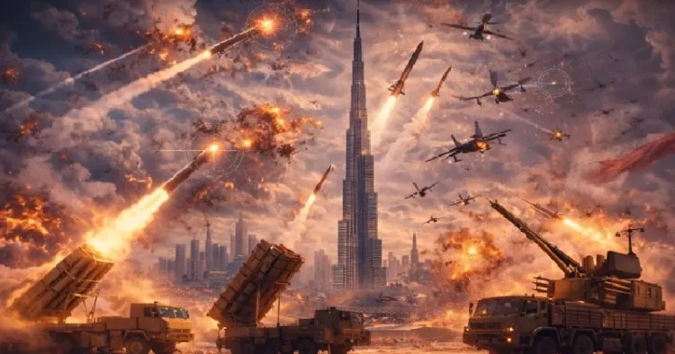 എഐ ചിത്രത്തില്‍ കാണിച്ചിരിക്കുന്നത് എങ്ങിനെയാണ് യുഎഇയുടെ വ്യോമപ്രതിരോധ സംവിധാനങ്ങള്‍ ഇറാന്‍ മിസൈലുകളെയും ഡ്രോണുകളെയും തകര്‍ത്തത് എന്നാണ്. താഴെ ഇറാനെതിരെ മിസൈലുകള്‍ അയയ്ക്കുന്ന താഡ്, പേട്രിയറ്റ്, പാന്‍റസിര്‍ എന്നീ വ്യോമപ്രതിരോധസംവിധാനങ്ങള്‍ കാണാം. കൂറ്റന്‍ കെട്ടിടമായി ചിത്രത്തില്‍ പ്രതീകാത്മകമായി കാണിച്ചിരിക്കുന്നത് യുഎഇയിലെ ഏറ്റവും ഉയരം കൂടിയ ബുര്‍ജ് ഖലീഫ കെട്ടിടമാണ്.
