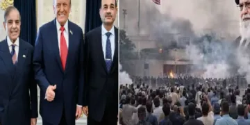 ട്രംപിനൊപ്പം പടം പിടിച്ച് സന്തോഷിക്കുന്ന പാക് പ്രധാനമന്ത്രി ഷെഹ്ബാസ് ഷെരീഫും പാകിസ്ഥാന്‍ സൈനികമേധാവി അസിം മുനീറും (ഇടത്ത്) പാകിസ്ഥാനിലെ അമേരിക്കന്‍ എംബസിയ്ക്ക് തീയിടുന്ന പാകിസ്ഥാന്‍കാര്‍ (വലത്ത്)