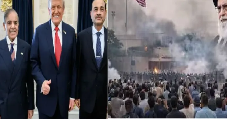 ട്രംപിനൊപ്പം പടം പിടിച്ച് സന്തോഷിക്കുന്ന പാക് പ്രധാനമന്ത്രി ഷെഹ്ബാസ് ഷെരീഫും പാകിസ്ഥാന്‍ സൈനികമേധാവി അസിം മുനീറും (ഇടത്ത്) പാകിസ്ഥാനിലെ അമേരിക്കന്‍ എംബസിയ്ക്ക് തീയിടുന്ന പാകിസ്ഥാന്‍കാര്‍ (വലത്ത്)