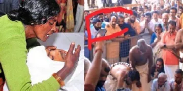 അഭിമന്യുവിന്‍റെ ശവസംസ്കാരച്ചടങ്ങില്‍ പങ്കെടുക്കുന്ന ഇടത് പക്ഷ മന്ത്രിമാരായ ശിവന്‍കുട്ടി, അനില്‍, വാസവന്‍ എന്നിവര്‍ (വലത്ത്) നാന്‍ പെറ്റ മകനേ...അഭിമന്യുവിന്‍റെ മൃതദേഹത്തില്‍ തൊട്ട് പൊട്ടിക്കരയുന്ന അമ്മ (ഇടത്ത്)