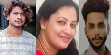 മഹിളാ മോര്‍ച്ചാ നേതാവ് (നടുവില്‍) അമ്മയായ മഹിളാമോര്‍ച്ചാനേതാവിനെ ലഹരിമരുന്നിന് അടിമപ്പെട്ട് കഴുത്തറുത്ത് കൊന്ന മകന്‍ (വലത്ത്)