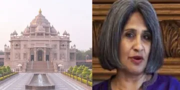 ഹിന്ദൂസ് ഫോര്‍ ഹ്യൂമന്‍ റൈറ്റ്സ് (Hindus for Human Rights) എന്ന ഹിന്ദുക്കളെ ഹിന്ദുമതത്തിനെതിരായി തിരിക്കുന്ന സംഘടനയുടെ മേധാവി സുനിത വിശ്വനാഥ് (വലത്ത്) ഗുജറാത്തില്‍ സ്വാമിനാരായണ്‍ ട്രസ്റ്റ് പണിത അക്ഷര്‍ധാം ക്ഷേത്രം (ഇടത്ത്)