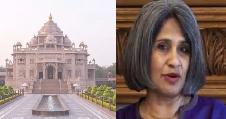 ഹിന്ദൂസ് ഫോര്‍ ഹ്യൂമന്‍ റൈറ്റ്സ് (Hindus for Human Rights) എന്ന ഹിന്ദുക്കളെ ഹിന്ദുമതത്തിനെതിരായി തിരിക്കുന്ന സംഘടനയുടെ മേധാവി സുനിത വിശ്വനാഥ് (വലത്ത്) ഗുജറാത്തില്‍ സ്വാമിനാരായണ്‍ ട്രസ്റ്റ് പണിത അക്ഷര്‍ധാം ക്ഷേത്രം (ഇടത്ത്)