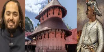 അനന്ത് അംബാനി (ഇടത്ത്) തക്കണ്ടിയൂര്‍ ശിവക്ഷേത്രം (നടുവില്‍) ടിപ്പുസുല്‍ത്താന്‍ (വലത്ത്)