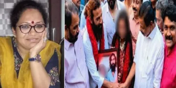 ദേശീയ വനിതാകമ്മീഷന്‍ ഉപദേശകസമിതി അംഗം അഞ്ജനാദേവി(ഇടത്ത്) പ്രയാഗ്രാജിലെ കുംഭമേളയിലൂടെ പ്രശസ്തയായിത്തീര്‍ന്ന പ്രായപൂര്‍ത്തിയാകാത്ത പെണ്‍കുട്ടിയുടെ വിവാഹം നടത്തിക്കൊടുക്കാന്‍ മുന്‍കയ്യെടുത്ത എ.എ. റഹിം എംപി, മന്ത്രി വി. ശിവന്‍കുട്ടി, സിപിഎം സംസ്ഥാനസെക്രട്ടറി എം.വി. ഗോവിന്ദന്‍ എന്നിവര്‍ (വലത്ത്)