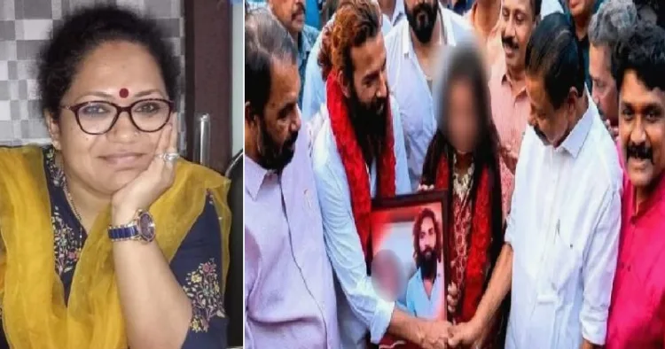 ദേശീയ വനിതാകമ്മീഷന്‍ ഉപദേശകസമിതി അംഗം അഞ്ജനാദേവി(ഇടത്ത്) പ്രയാഗ്രാജിലെ കുംഭമേളയിലൂടെ പ്രശസ്തയായിത്തീര്‍ന്ന പ്രായപൂര്‍ത്തിയാകാത്ത പെണ്‍കുട്ടിയുടെ വിവാഹം നടത്തിക്കൊടുക്കാന്‍ മുന്‍കയ്യെടുത്ത എ.എ. റഹിം എംപി, മന്ത്രി വി. ശിവന്‍കുട്ടി, സിപിഎം സംസ്ഥാനസെക്രട്ടറി എം.വി. ഗോവിന്ദന്‍ എന്നിവര്‍ (വലത്ത്)