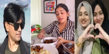 ഫാക്ട് ചെക്കര്‍ മുഹമ്മദ് സുബൈര്‍ (ഇടത്ത്) അനുമോള്‍ ബീഫ് കറിയും ബീഫ് ഫ്രൈയും ആദിലയ്ക്ക് വിളമ്പുന്നു (നടുവില്‍) ആദിലയും നൂറയും (വലത്ത്)