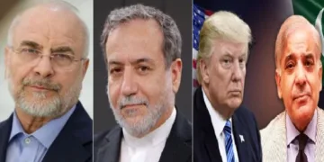 ഇറാന്‍ വിദേശകാര്യമന്ത്രി അരാഗ്ചി, സ്പീക്കര്‍ ഖാലിബാഫ് (ഇടത്ത്) ട്രംപ്, പാക് പ്രധാനമന്ത്രി ഷെഹ്ബാസ് ഷെരീഫ് (വലത്ത്)