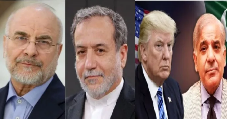 ഇറാന്‍ വിദേശകാര്യമന്ത്രി അരാഗ്ചി, സ്പീക്കര്‍ ഖാലിബാഫ് (ഇടത്ത്) ട്രംപ്, പാക് പ്രധാനമന്ത്രി ഷെഹ്ബാസ് ഷെരീഫ് (വലത്ത്)