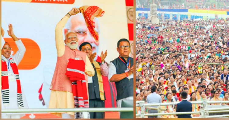 ആസാമിലെ ഗോഗാമുഖില്‍ തെരഞ്ഞെടുപ്പ് പൊതുയോഗത്തില്‍ പങ്കെടുക്കാനെത്തിയ പ്രധാനമന്ത്രി നരേന്ദ്ര മോദി ജനങ്ങളെ അഭിവാദ്യം ചെയ്യുന്നു