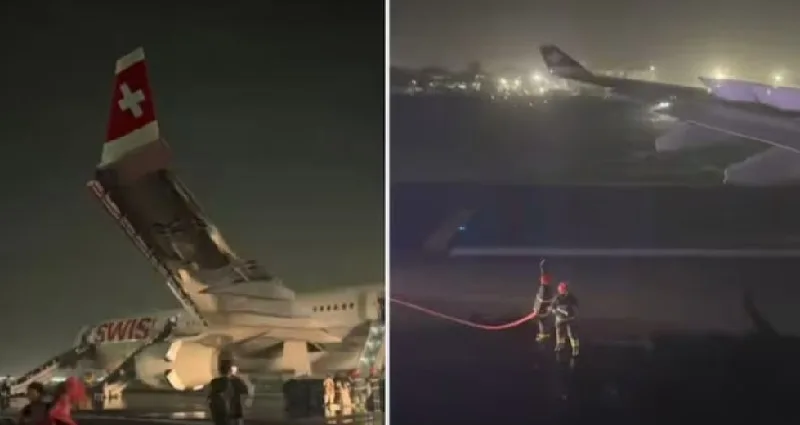 ഡൽഹി എയർപോർട്ടിൽ സ്വിസ് എയർ വിമാനത്തിന് തീപിടിച്ച് 6 പേർക്ക് പരിക്ക്,  യാത്രക്കാരെ എമർജൻസി സ്ലൈഡിലൂടെ ഒഴിപ്പിച്ചു