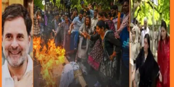 ബിജെപി വനിത എംപിമാരുടെ നേതൃത്വത്തില്‍ ദല്‍ഹിയില്‍ രാഹുല്‍ ഗാന്ധിയുടെ വസതിയിലേക്ക് നടന്ന പ്രതിഷേധ മാര്‍ച്ച് (നടുവില്‍) ബിജെപി എംപിയും കേന്ദ്രമന്ത്രിയുമായ രക്ഷാ ഖാഡ്സെയും ബിജെപി എംപി ബാംസുരി സ്വരാജും അറസ്റ്റ് വരിയ്ക്കുന്നു (വലത്ത്)