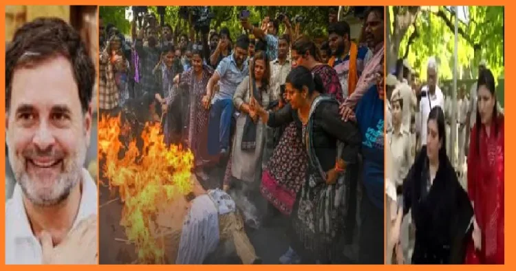 ബിജെപി വനിത എംപിമാരുടെ നേതൃത്വത്തില്‍ ദല്‍ഹിയില്‍ രാഹുല്‍ ഗാന്ധിയുടെ വസതിയിലേക്ക് നടന്ന പ്രതിഷേധ മാര്‍ച്ച് (നടുവില്‍) ബിജെപി എംപിയും കേന്ദ്രമന്ത്രിയുമായ രക്ഷാ ഖാഡ്സെയും ബിജെപി എംപി ബാംസുരി സ്വരാജും അറസ്റ്റ് വരിയ്ക്കുന്നു (വലത്ത്)