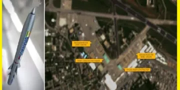 ബ്രഹ്മോസ് സൂപ്പര്‍സോണിക് മിസൈല്‍ (ഇടത്ത്) നൂര്‍ഖാന്‍ വ്യോമതാവളത്തിന് പുതിയ അത്യാധുനിക മേല്‍ക്കൂരകള്‍ പണിതതിന്‍റെ ഉപഗ്രഹചിത്രം. ഭൗമ-രഹസ്യാന്വേഷണ വിദഗ്ധര്‍ ഡാമിയന്‍ സൈമണ്‍ പുറത്തുവിട്ട ചിത്രം (വലത്ത്)