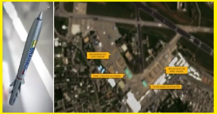 ബ്രഹ്മോസ് സൂപ്പര്‍സോണിക് മിസൈല്‍ (ഇടത്ത്) നൂര്‍ഖാന്‍ വ്യോമതാവളത്തിന് പുതിയ അത്യാധുനിക മേല്‍ക്കൂരകള്‍ പണിതതിന്‍റെ ഉപഗ്രഹചിത്രം. ഭൗമ-രഹസ്യാന്വേഷണ വിദഗ്ധര്‍ ഡാമിയന്‍ സൈമണ്‍ പുറത്തുവിട്ട ചിത്രം (വലത്ത്)