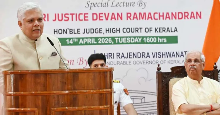 ലോക്ഭവനില്‍ സംഘടിപ്പിച്ച അംബേദ്കര്‍ ജയന്തി ആഘോഷത്തില്‍ ഹൈക്കോടതി ജഡ്ജി ജസ്റ്റിസ് ദേവന്‍ രാമചന്ദ്രന്‍ സംസാരിക്കുന്നു. ഗവര്‍ണര്‍ രാജേന്ദ്ര വിശ്വനാഥ് ആര്‍ലേക്കര്‍ സമീപം