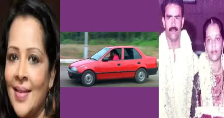 നടി ദേവി അജിത് (ഇടത്ത്) ദി കാര്‍ എന്ന ജയറാം സിനിമയില്‍ ഉപയോഗിച്ച കാര്‍ (നടുവില്‍) ദേവി അജിത് ഭര്‍ത്താവ് അജിതിനൊപ്പം (വലത്ത്)