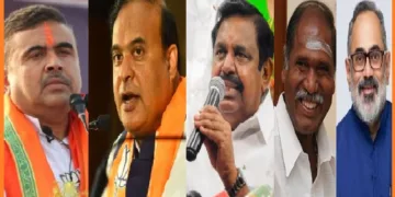 ബംഗാളിലെ ബിജെപി നേതാവ് സുവേന്ദു അധികാരി, അസമിലെ ബിജെപി മുഖ്യമന്ത്രി ഹിമന്ത ബിശ്വ ശര്‍മ്മ, എഐഎഡിഎംകെ നേതാവ് എടപ്പാടി പളനിസ്വാമി, പുതുച്ചേരിയിലെ രംഗസ്വാമി, രാജീവ് ചന്ദ്രശേഖര്‍ (യഥാക്രമം ഇടത്ത് നിന്നും വലത്തോട്ട്)