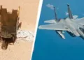എഫ് 15ഇ യുദ്ധവിമാനം (വലത്ത്) വെടിവെച്ചിട്ട വിമാനത്തിന്‍റെ അവശിഷ്ടം (ഇടത്ത്)