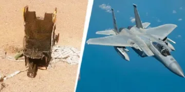 എഫ് 15ഇ യുദ്ധവിമാനം (വലത്ത്) വെടിവെച്ചിട്ട വിമാനത്തിന്‍റെ അവശിഷ്ടം (ഇടത്ത്)