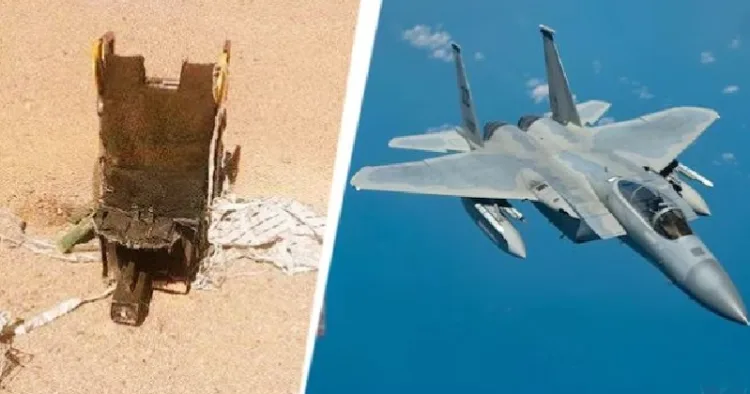 എഫ് 15ഇ യുദ്ധവിമാനം (വലത്ത്) വെടിവെച്ചിട്ട വിമാനത്തിന്‍റെ അവശിഷ്ടം (ഇടത്ത്)