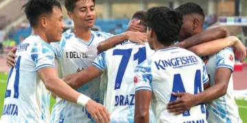 നോര്‍ത്ത് ഈസ്റ്റ് യുണൈറ്റഡിനെതിരായ മത്സരത്തില്‍ ഗോള്‍ നേട്ടം ആഘോഷിക്കുന്ന എഫ്‌സി ഗോവ താരങ്ങള്‍