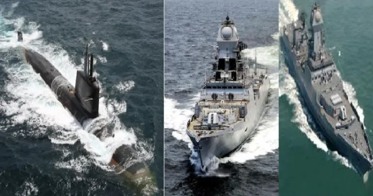 പാകിസ്ഥാന്‍റെ മുങ്ങിക്കപ്പലിനെ വളഞ്ഞ ഇന്ത്യന്‍ നേവിയുടെ ഐഎന്‍എസ് കല്‍വാരി എന്ന യുദ്ധക്കപ്പലും ഐഎന്‍എസ് ചെന്നൈ, ഐഎന്‍എസ് കൊല്‍ക്കൊത്ത, എന്നീ ഗൈഡഡ് മിസൈല്‍ ഡിസ്ട്രോയറുകളും (യഥാക്രമം ഇടത്ത് നിന്നും വലത്തോട്ട്)