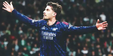 ആഴ്സണലിന്റെ കായി ഹാവേര്ട്സ് ആദ്യപാദത്തില് ഗോള് നേടിയപ്പോള്