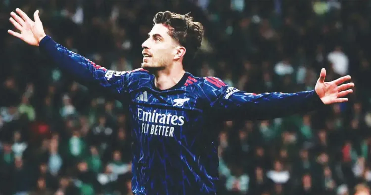 ആഴ്സണലിന്റെ കായി ഹാവേര്ട്സ് ആദ്യപാദത്തില് ഗോള് നേടിയപ്പോള്