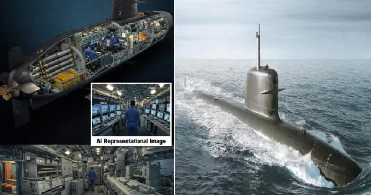 കല്‍വാരി ക്ലാസ് മുങ്ങിക്കപ്പലിന്‍റെ വെര്‍ച്വല്‍ ത്രി ഡി മോഡല്‍ (ഇടത്ത്) കല്‍വാരി മുങ്ങിക്കപ്പല്‍ (വലത്ത്)