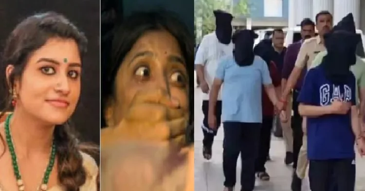 ആര്ജെ മിഥുന്റെ ഭാര്യ ലക്ഷ്മീ മേനോന് (ഇടത്ത്) കേരള സ്റ്റോറി 2ല് കാണിക്കുന്ന ബലമായി ബീഫ് തീറ്റിക്കുന്ന വിവാദ സീന് (നടുവില്) നാസിക്കിലെ ഐടി കമ്പനിയില് ലവ് ജിഹാദില് ഏര്പ്പെട്ടിരുന്ന കമ്പനി ഉടമകളെ അറസ്റ്റ് ചെയ്ത് കൊണ്ടുപോകുന്നു (വലത്ത്)