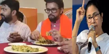 അനുരാഗ് താക്കൂര്‍ ബംഗാളില്‍ മത്സ്യം കഴിക്കുന്നു (ഇടത്ത്)