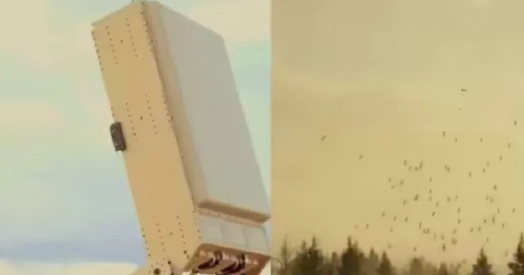 പാഞ്ഞുവരുന്ന ഡ്രോണുകളുടെ കൂട്ടം (വലത്ത്) മൈക്രോവേവ് ആയുധം (ഇടത്ത്)