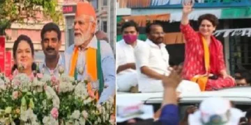 2026ല്‍ തൃശൂരിലെ റോ‍ഡ് ഷോയില്‍ മോദിയുടെ അരികില്‍ പത്മജ (ഇടത്ത്) 2021ല്‍ തൃശൂരില്‍ പ്രിയങ്ക വന്നപ്പോള്‍ വാഹനത്തില്‍ തൊട്ടടുത്ത് നില്‍ക്കുന്നത് സ്ഥാനാര്‍ത്ഥിയല്ലാത്ത ടി.എന്‍. പ്രതാപന്‍. സ്ഥാനാര്‍ത്ഥിയായ പത്മജയ്ക്ക് റോഡിലൂടെ നടക്കേണ്ടിയും വന്നു (വലത്ത്) .