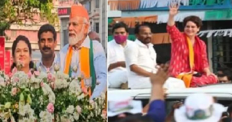 2026ല്‍ തൃശൂരിലെ റോ‍ഡ് ഷോയില്‍ മോദിയുടെ അരികില്‍ പത്മജ (ഇടത്ത്) 2021ല്‍ തൃശൂരില്‍ പ്രിയങ്ക വന്നപ്പോള്‍ വാഹനത്തില്‍ തൊട്ടടുത്ത് നില്‍ക്കുന്നത് സ്ഥാനാര്‍ത്ഥിയല്ലാത്ത ടി.എന്‍. പ്രതാപന്‍. സ്ഥാനാര്‍ത്ഥിയായ പത്മജയ്ക്ക് റോഡിലൂടെ നടക്കേണ്ടിയും വന്നു (വലത്ത്) .