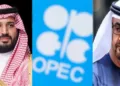 സാദി കിരീടാവകാശി മുഹമ്മദ് ബിന്‍ സല്‍മാന്‍ (ഇടത്ത്) ഒപെക് സംഘടനയുടെ മുദ്ര (നടുവില്‍) യുഎഇ ഭരണാധികാരി മുഹമ്മദ് ബിന്‍ സായെദ് അല്‍ നഹ്യാന്‍ (വലത്ത്)