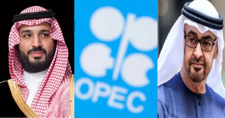 സാദി കിരീടാവകാശി മുഹമ്മദ് ബിന്‍ സല്‍മാന്‍ (ഇടത്ത്) ഒപെക് സംഘടനയുടെ മുദ്ര (നടുവില്‍) യുഎഇ ഭരണാധികാരി മുഹമ്മദ് ബിന്‍ സായെദ് അല്‍ നഹ്യാന്‍ (വലത്ത്)